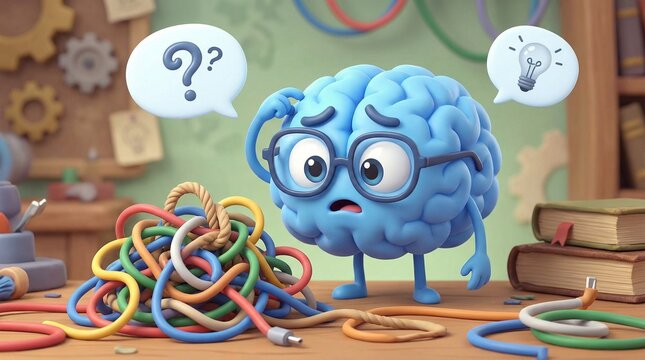 Cute cartoon brain character scratching head looking puzzled at tangled wires, confusion and problem solving concept 3D illustration