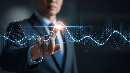 Man in suit touching glowing digital sound waves on dark background