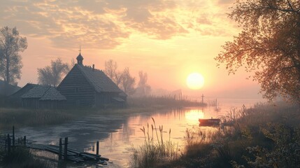 Serene Sunrise over Rustic Church and River