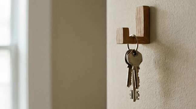 House Keys Hanging on Wall Hook for Property Management, Minimalist Neutral Background