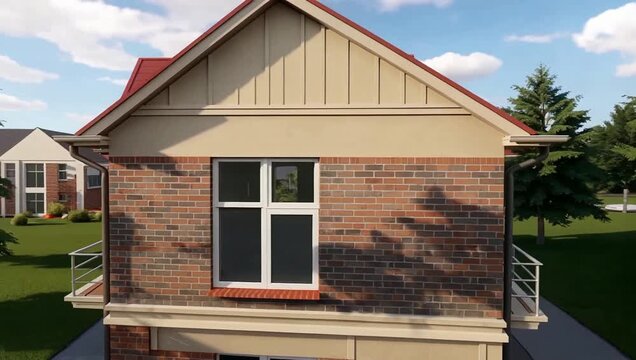 Charming Red Roof Brick House in Suburban Neighborhood Architecture.