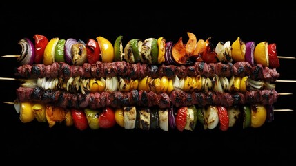 Grilled Meat and Vegetable Skewers Against Black Background