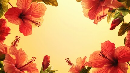 Vibrant Hibiscus Flowers Frame a Sunny Yellow Background, Botanical Beauty