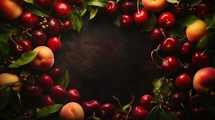 Dark Moody Still Life with Cherries, Peaches, and Green Leaves Framing a Dark Center