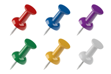 Colorful push pin set. Pushpin for notice paper or corkboard. Notice board pins. 3d illustration icon isolated on transparent background, png