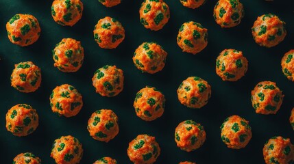 Uniformly Arranged Orange Meatballs with Green Herb Accents on a Dark Background