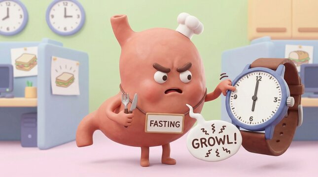 Cute cartoon stomach character holding fork and knife looking impatient, hunger and lunch break concept 3D illustration