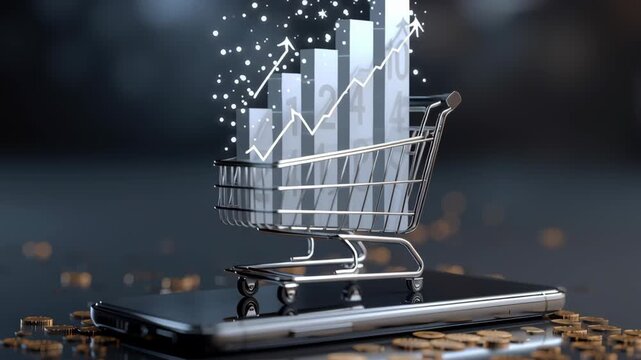 Inflation impact on shopping cart and smartphone with rising graph showing economic growth