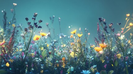 Vibrant Meadow Flowers in Soft Teal Light
