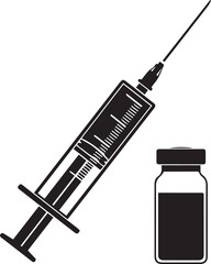 Medical syringe and vial Silhouette vector black on a white background