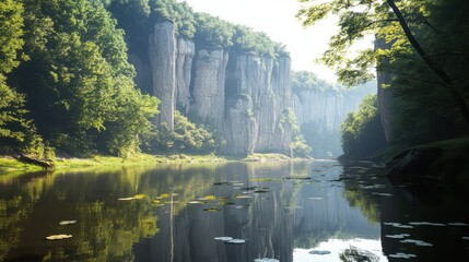 Serene River Valley with Majestic Stone Pillars