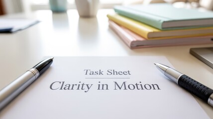 Professional task sheet document with pens on a bright office desk for planning and clear action