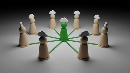 Green central figure connected to wooden figures with weather symbols