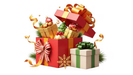 Colorful christmas presents with ribbons and bows isolated on transparent background for holiday greeting cards