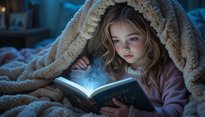 Young girl reading a book under blankets in cozy bedroom at night