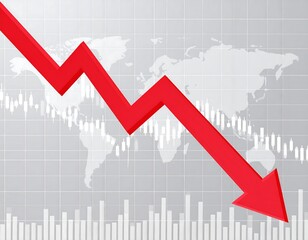 A red downward-trending arrow graph on a gray world map background
