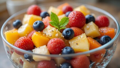 Fresh fruit salad with strawberries blueberries and mango in a bowl