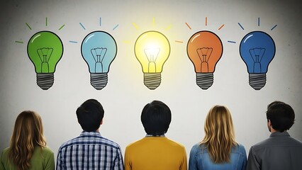 Five colorful light bulbs with people looking at them on a wall