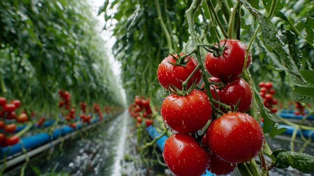 Ripe tomatoes hanging from lush green plants in a modern greenhouse with irrigation system in operation