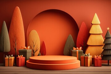 Obraz premium Festive orange stage scene with stylized Christmas trees, gifts, and gold stars for holiday decor