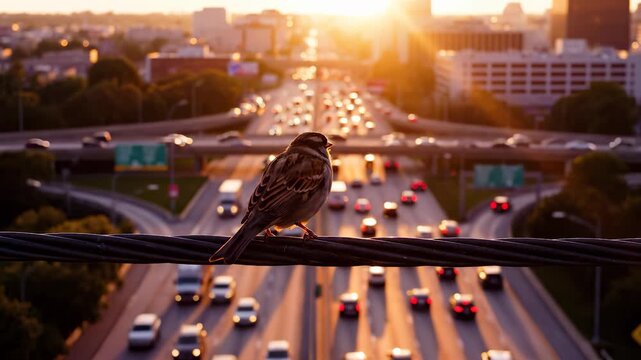 A sparrow perches on a wire overlooking a busy highway during sunset, capturing the vibrant colors of the sky. The traffic below moves steadily, with lights reflecting the evening ambiance.