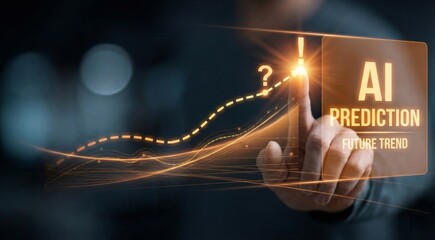 AI prediction and future trend concept, hand touching glowing rising graph line with question mark on virtual interface, artificial intelligence analyzing market forecast, ideal for business strategy,