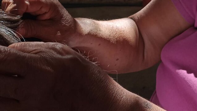 Mother Checking Daughter's Hair for Head Lice and Removing Nits Manually