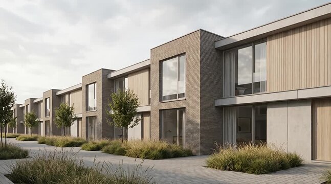 Modern Row of Townhouses, Multi Unit Ownership Medium Density Housing, Consistent Architecture