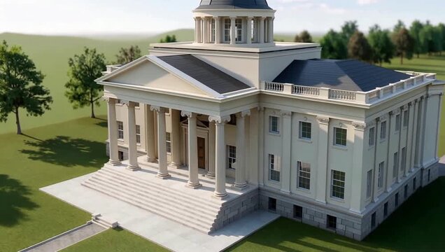 Aerial View of Neoclassical Building with Columns and Dome.