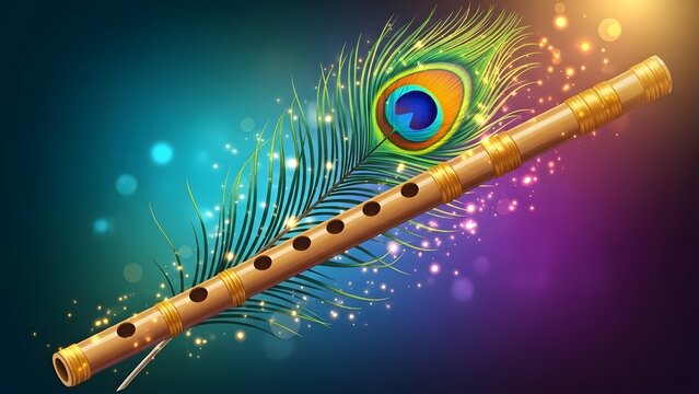 Khrisna Flute with Peacock Feather in Majestic Background