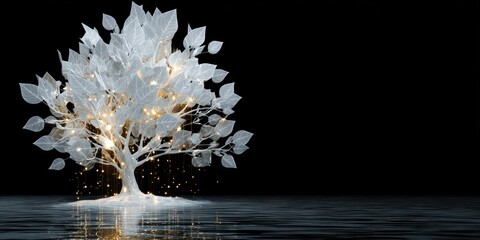Illuminated White Tree Concept on Black Background, Symbolizing Growth and Serenity