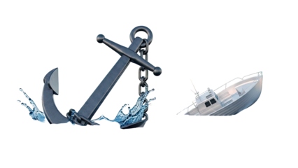 Anchor dropping into water with boat in background