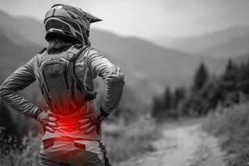 Extreme sports safety concept: dirt bike rider with lumbar pain glow, ideal for rehabilitation and physiotherapy promotions
