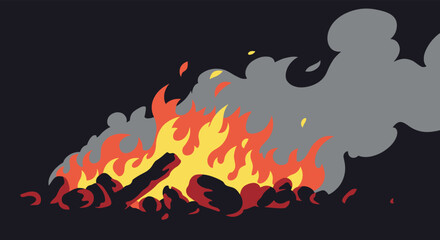 Roaring campfire with bright orange and yellow flames, burning logs, and rising gray smoke against a dark night background vector art.