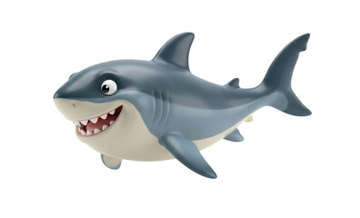 Obraz premium 3D render cartoon shark character with open mouth and teeth, gray and white sea animal mascot, Isolated on transparent background, png