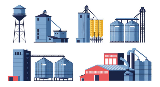 Set of various grain elevator and silo buildings for agricultural storage and processing, representing the farming industry.