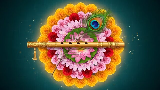 Peacock Feather and Flute with Floral Mandala Background, made by Ai