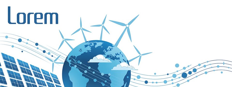 Earth with solar panels and wind turbines, text "Lorem" on the left side