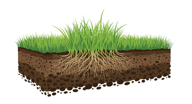 Cross-section of soil showing lush green grass with a deep and intricate root system growing in layers of rich brown earth.