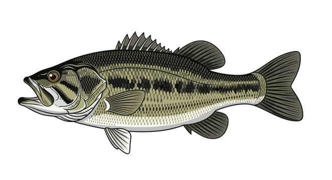 Realistic illustration of a largemouth bass, a popular freshwater game fish, with detailed scales and fins, isolated on white.