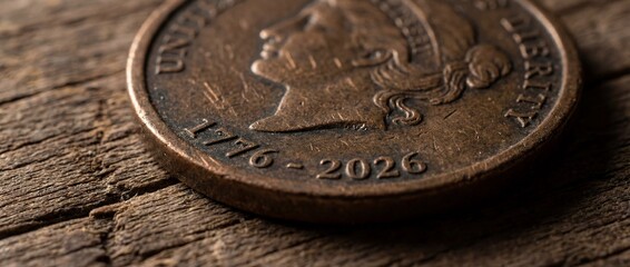 Extreme macro of an antique bronze coin featuring Lady Liberty and dates "1776 - 2026", symbolizing the USA Semiquincentennial history.