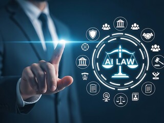 AI law and legal technology concept with businessperson using digital justice system icons. Suitable for artificial intelligence in law, compliance, smart contract, and modern legal innovation.