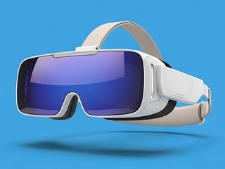 Augmented reality glasses with blue lenses on a light blue background, mockup for an augmented reality glasses website, banner for an online store of technological devices