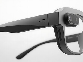 Close-up of augmented reality glasses, detail of smart glasses with camera, AR glasses for technological design