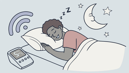 Sleeping in the digital world: a man sleeps peacefully, the background filled with wifi, moon and alarm clock