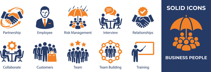 Set of 16 business icons vector, solid style