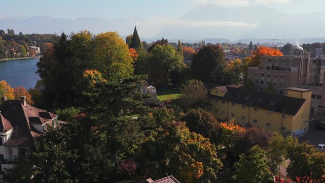 Thunersee Lake Thun Flusswelle Aare River aerial drone Thun Switzerland Schweiz Swiss Alps Fall Autumn sunny morning clouds Bernese Oberland Interlaken Schloss Schadau neighborhood homes forward pan