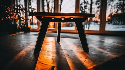 Wooden Stool in Sunlit Room with Forest View