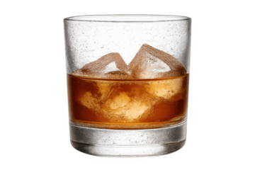 Whiskey drink in a glass with ice cubes on transparent background