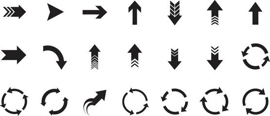 Collection of various black arrows and directional icons on white background